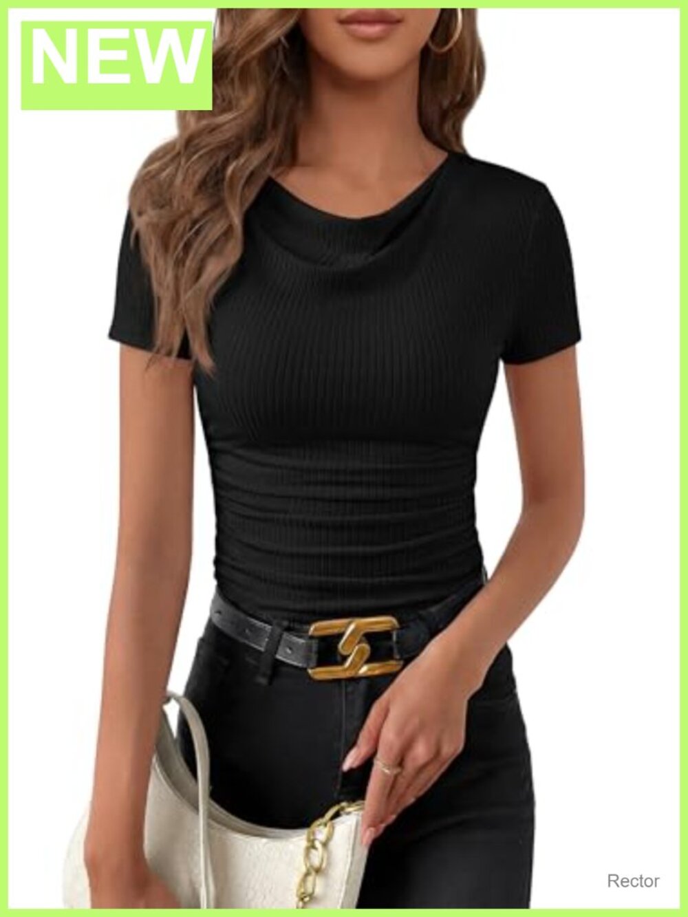 Women's Cowl Neck Ruched Fitted Short Sleeve Crop Top Ribbed Knit